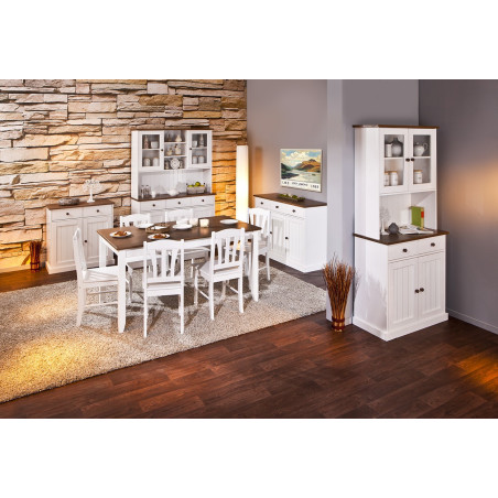Buffet 3 portes 3 tiroirs bois massif vernis sepia et blanc - SORAN