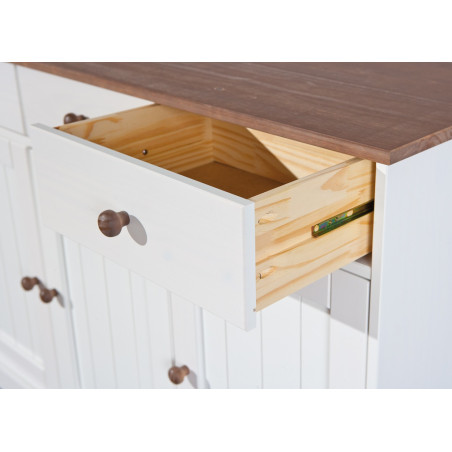 Buffet 3 portes 3 tiroirs bois massif vernis sepia et blanc - SORAN