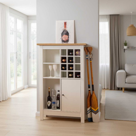 Rangement de cuisine pour bouteilles blanc et plateau effet bois - KENIO