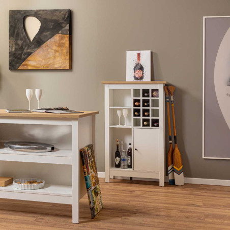 Rangement de cuisine pour bouteilles blanc et plateau effet bois - KENIO