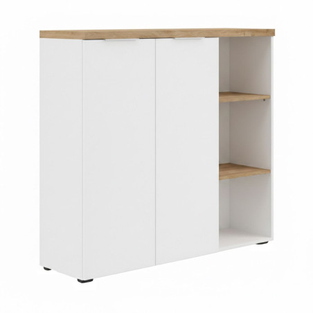 Rangement 2 portes avec niches blanc laqué brillant dessus et étagères aspect bois finition Cadiz - GENIUSOR