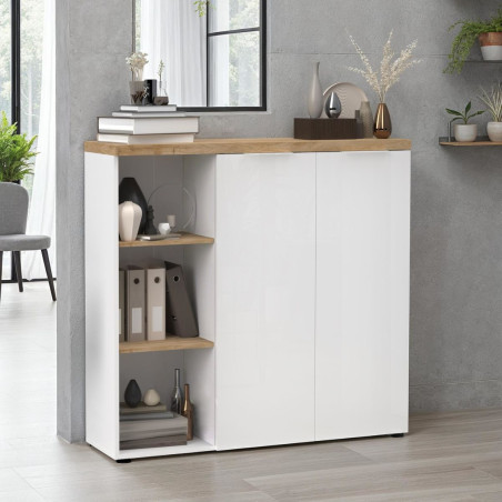 Rangement 2 portes avec niches blanc laqué brillant dessus et étagères aspect bois finition Cadiz - GENIUSOR