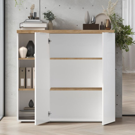 Rangement 2 portes avec niches blanc laqué brillant dessus et étagères aspect bois finition Cadiz - GENIUSOR