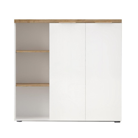 Rangement 2 portes avec niches blanc laqué brillant dessus et étagères aspect bois finition Cadiz - GENIUSOR