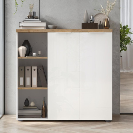 Rangement 2 portes avec niches blanc laqué brillant dessus et étagères aspect bois finition Cadiz - GENIUSOR