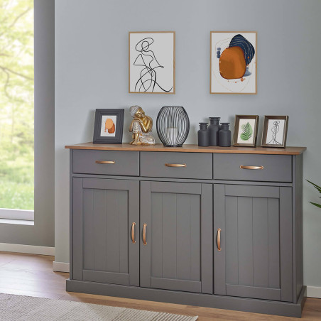 Buffet 3 portes 3 tiroirs gris - MELIO