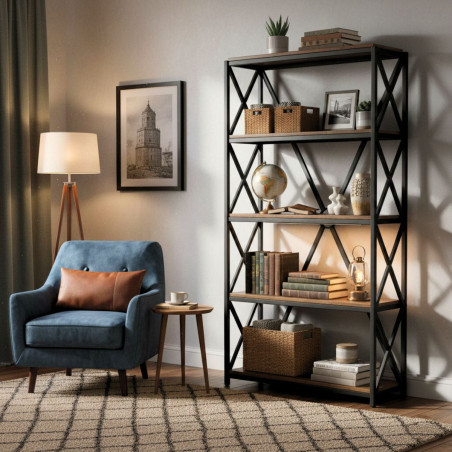 Étagère 5 niveaux en bois massif et acier - BORAN