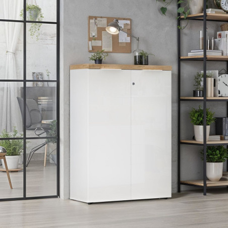 Rangement 2 portes blanc laqué brillant plateau aspect bois Cadiz - GENIUSOR