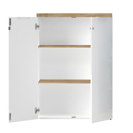 Rangement 2 portes blanc laqué brillant plateau aspect bois Cadiz - GENIUSOR