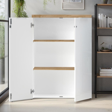 Rangement 2 portes blanc laqué brillant plateau aspect bois Cadiz - GENIUSOR