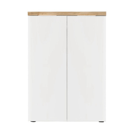 Rangement 2 portes blanc laqué brillant plateau aspect bois Cadiz - GENIUSOR