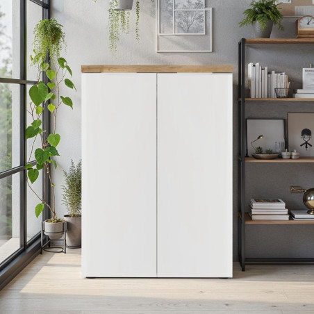 Rangement 2 portes blanc laqué brillant plateau aspect bois Cadiz - GENIUSOR