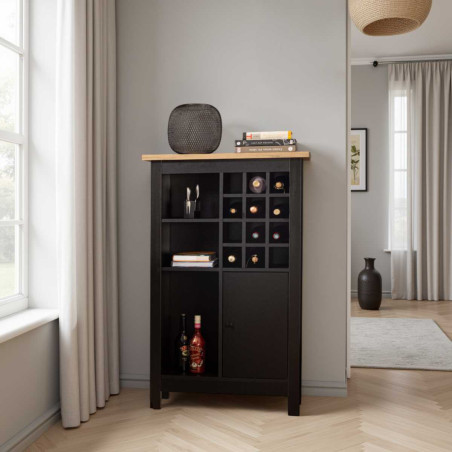 Rangement de cuisine pour bouteilles noir et plateau effet bois - KENIO
