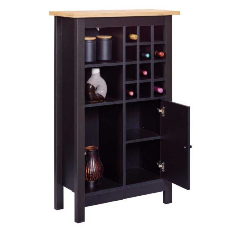 Rangement de cuisine pour bouteilles noir et plateau effet bois - KENIO