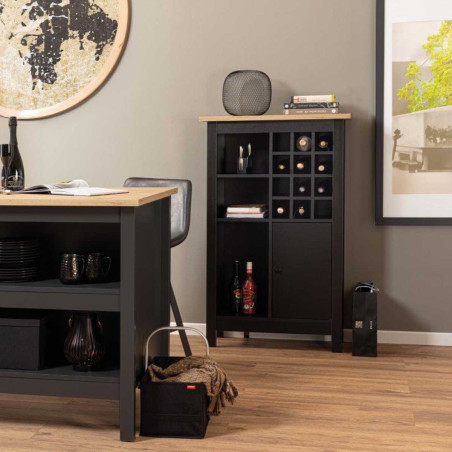 Rangement de cuisine pour bouteilles noir et plateau effet bois - KENIO