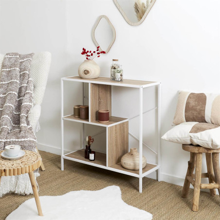 Etagère 3 niveaux aspect bois et métal blanc - ENDIO