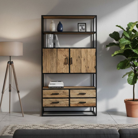 Étagère bibliothèque 2 portes 4 tiroirs teck recyclé métal noir - TANIRA