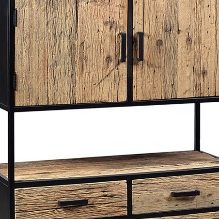 Étagère bibliothèque 2 portes 4 tiroirs teck recyclé métal noir - TANIRA