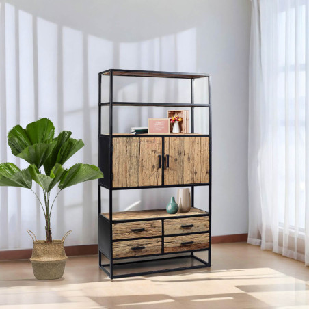 Étagère bibliothèque 2 portes 4 tiroirs teck recyclé métal noir - TANIRA