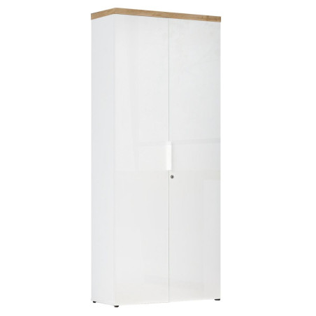 Rangement haut 2 portes blanc laqué brillant dessus aspect bois finition Cadiz - GENIUSOR