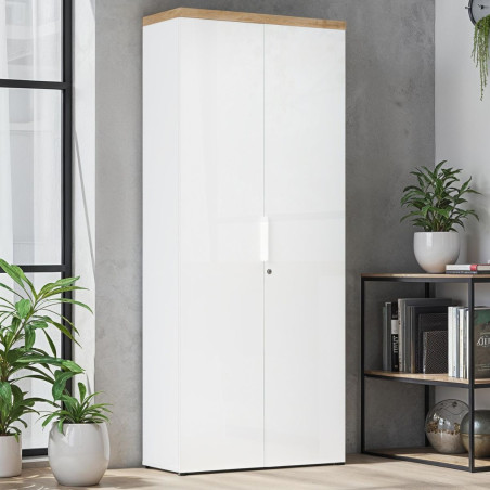 Rangement haut 2 portes blanc laqué brillant dessus aspect bois finition Cadiz - GENIUSOR
