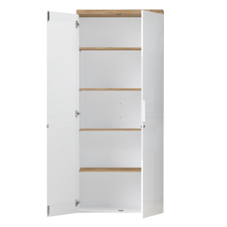 Rangement haut 2 portes blanc laqué brillant dessus aspect bois finition Cadiz - GENIUSOR