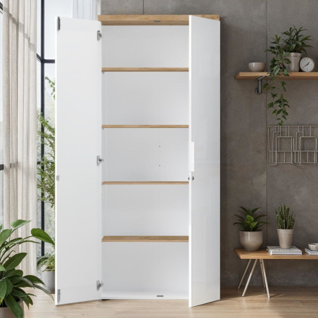 Rangement haut 2 portes blanc laqué brillant dessus aspect bois finition Cadiz - GENIUSOR