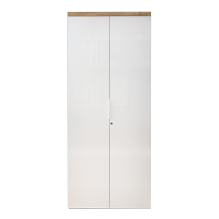 Rangement haut 2 portes blanc laqué brillant dessus aspect bois finition Cadiz - GENIUSOR