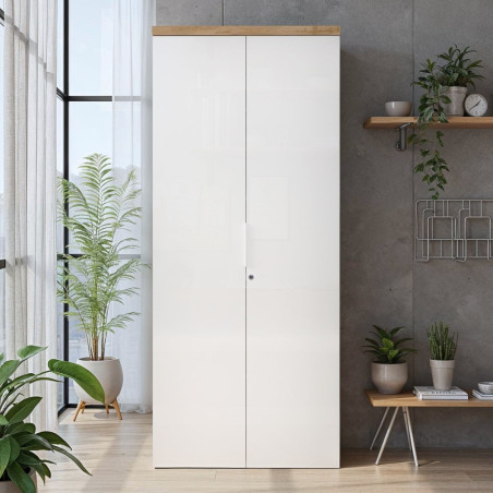 Rangement haut 2 portes blanc laqué brillant dessus aspect bois finition Cadiz - GENIUSOR
