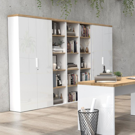 Rangement haut 2 portes blanc laqué brillant dessus aspect bois finition Cadiz - GENIUSOR