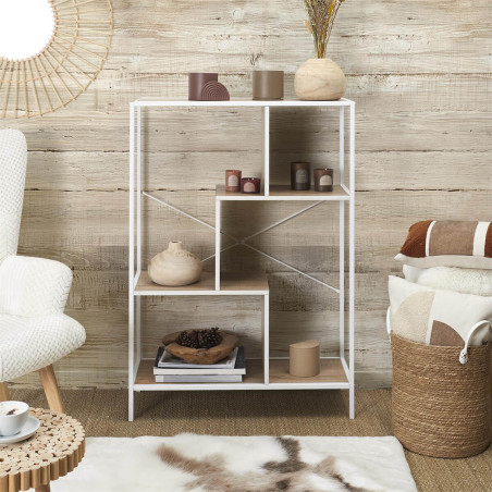 Étagère 4 niveaux aspect bois et métal blanc - ENDIO
