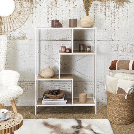Étagère 4 niveaux aspect bois et métal blanc - ENDIO