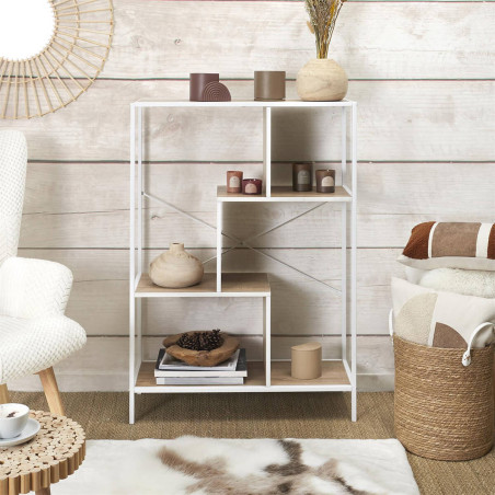 Étagère 4 niveaux aspect bois et métal blanc - ENDIO