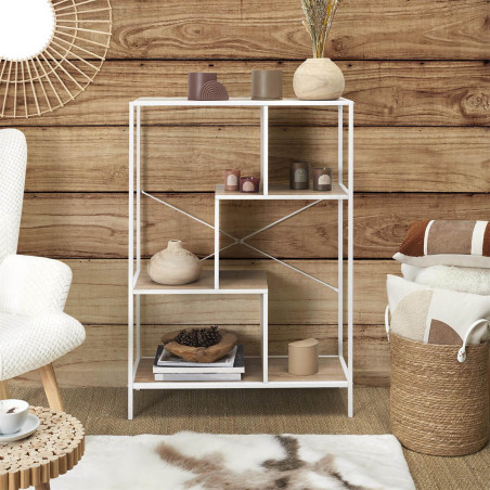 Étagère 4 niveaux aspect bois et métal blanc - ENDIO