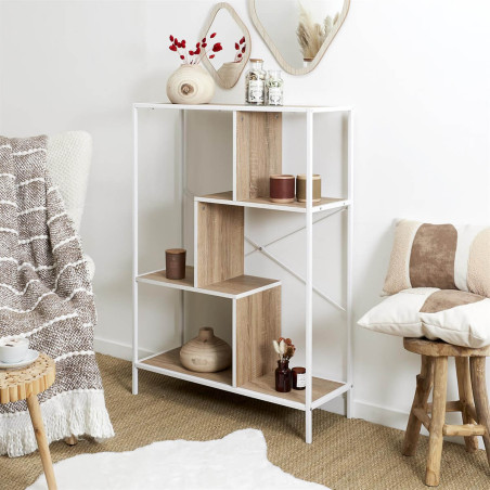 Étagère 4 niveaux aspect bois et métal blanc - ENDIO