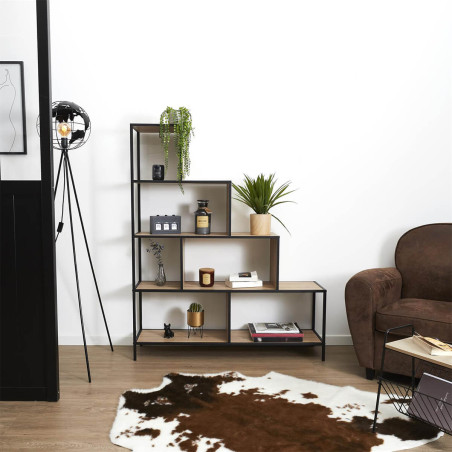 Etagère escalier 5 niveaux aspect bois et métal noir - ENDIO