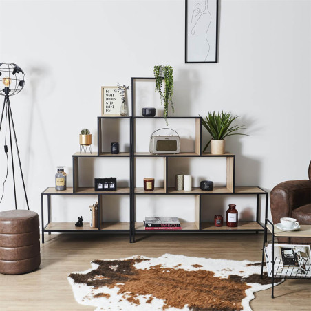 Etagère escalier 5 niveaux aspect bois et métal noir - ENDIO