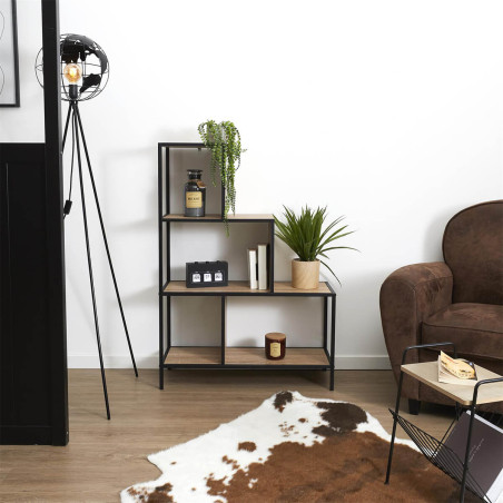 Etagère escalier 4 niveaux aspect bois et métal noir - ENDIO