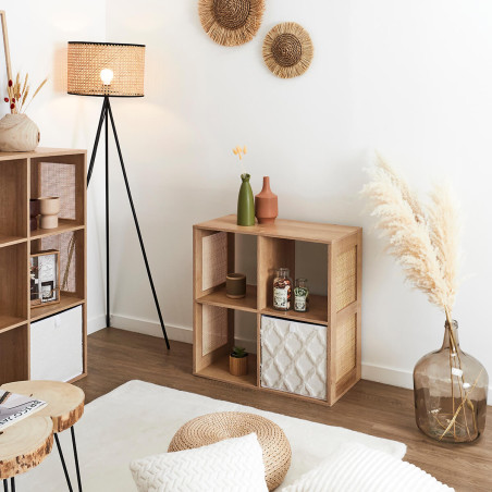Rangement 4 cases effet bois et façades rotin - MAYRO