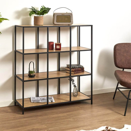 Étagère 9 cases métal noir et MDF aspect bois - GALANA