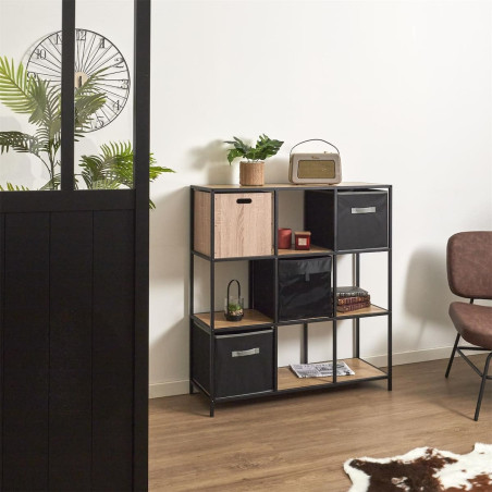 Étagère 9 cases métal noir et MDF aspect bois - GALANA