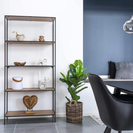 Etagère large 5 plateaux acier noir et bois naturel - VOLIO