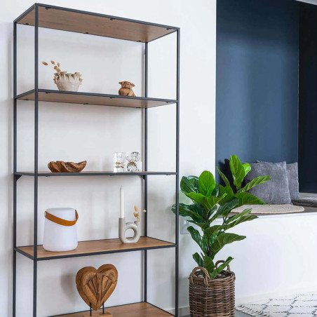 Etagère large 5 plateaux acier noir et bois naturel - VOLIO
