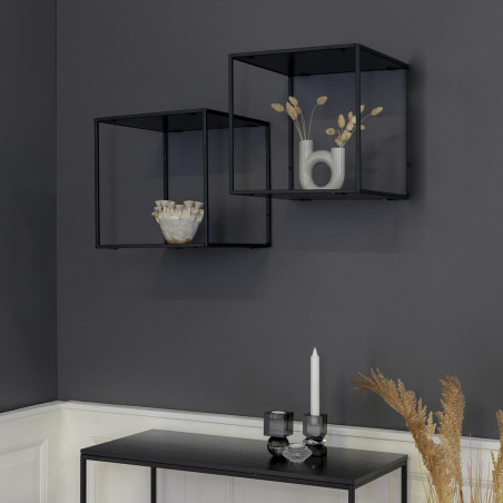 Etagère murale 2 plateaux acier noir et aspect bois - SLIIO