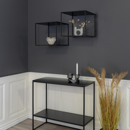 Etagère murale 2 plateaux acier noir et aspect bois - SLIIO
