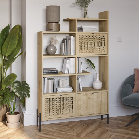 Étagère bibliothèque 3 portes mélaminé imitation bois clair piètement métal noir - MELISSOR