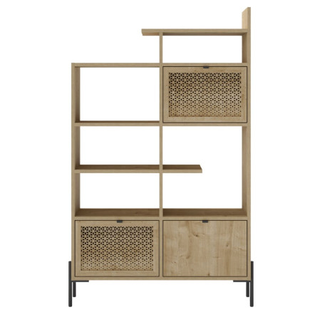 Étagère bibliothèque 3 portes mélaminé imitation bois clair piètement métal noir - MELISSOR