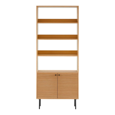 Étagère 4 niveaux 2 portes effet tasseaux chêne clair - LOWIA