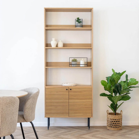 Étagère 4 niveaux 2 portes effet tasseaux chêne clair - LOWIA