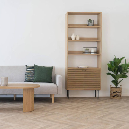 Étagère 4 niveaux 2 portes effet tasseaux chêne clair - LOWIA
